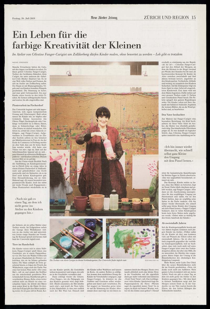 Zeitungsartikel in der NZZ Kinderatelier Fanger Carigiet